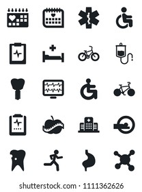 Set of vector isolated black icon - monitor pulse vector, dropper, tomography, ambulance star, bike, run, hospital bed, disabled, stomach, caries, implant, medical calendar, clipboard, diet