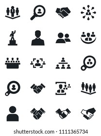 Set of vector isolated black icon - handshake vector, hierarchy, pedestal, team, group, user, company, hr, meeting, client search, consumer