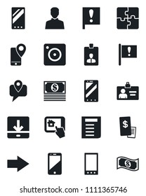 Set of vector isolated black icon - right arrow vector, mobile phone, identity card, document, important flag, tracking, cell, camera, user, download, application, restaurant receipt, cash