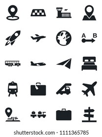 Set of vector isolated black icon - plane vector, taxi, suitcase, airport bus, train, baggage larry, ladder car, building, case, navigation, pin, route, place tag, bedroom, rocket, earth, paper