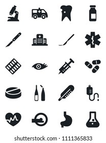 Set of vector isolated black icon - heart pulse vector, syringe, dropper, thermometer, microscope, pills, blister, ampoule, scalpel, tomography, ambulance star, car, stomach, caries, eye, hospital