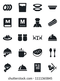 Set of vector isolated black icon - hot cup vector, spoon and fork, cafe, cook, dish, serviette, menu, drink, plates, bacon, waiter, salt pepper, restaurant receipt, steak, bowl, sushi