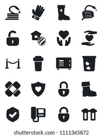 Set of vector isolated black icon - fence vector, trash bin, safe, lock, glove, boot, hose, patch, heart shield, hand, estate insurance, intercome, water filter