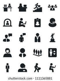 Set of vector isolated black icon - elevator vector, reception, manager, speaking man, pedestal, team, place, support, desk, career ladder, estate agent, waiter, pass card, with notebook