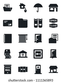 Set of vector isolated black icon - automatic door vector, shop, medical room, book, umbrella, mail, scanner, folder, copybook, document, mailbox, open close, home control, jalousie, garage gate