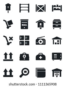 Set of vector isolated black icon - safe vector, checkroom, bird house, doctor case, container, cargo, up side sign, no trolley, warehouse, search, rack, radio, blank box, archive, mailbox