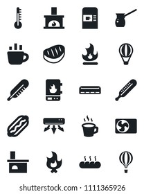 Set of vector isolated black icon - coffee machine vector, fire, fireplace, thermometer, air conditioner, bread, steak, hot dog, turkish, water heater, balloon