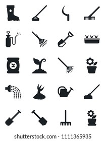 Set of vector isolated black icon - job vector, flower in pot, shovel, rake, watering can, sproute, boot, seedling, hoe, sickle, garden sprayer, fertilizer