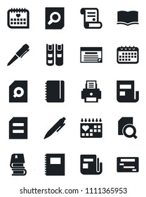 Set of vector isolated black icon - book vector, document search, pen, notepad, contract, medical calendar, news, copybook, printer, schedule