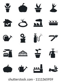 Set of vector isolated black icon - factory vector, flower in pot, seedling, watering can, sproute, pruner, pumpkin, greenhouse, pond, garden sprayer, eco house, palm