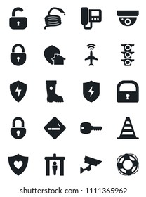 Set of vector isolated black icon - plane radar vector, security gate, smoking place, border cone, lock, boot, hose, heart shield, traffic light, protect, key, intercome, home, surveillance