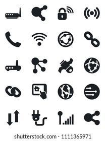 Set of vector isolated black icon - satellite vector, network, share, chain, call, data exchange, cellular signal, wireless, power plug, lock, router, home control app, social media