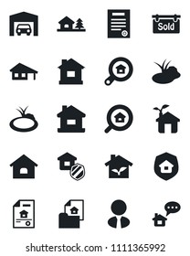 Set of vector isolated black icon - house vector, pond, contract, with garage, tree, estate document, sold signboard, search, agent, insurance, eco, home message