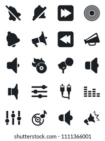 Set of vector isolated black icon - vinyl vector, flame disk, microphone, speaker, loudspeaker, settings, equalizer, fast forward, rewind, rca, tuning, bell, mute, music, sound, advertising