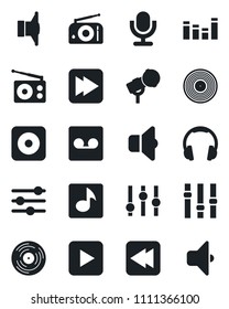 Set of vector isolated black icon - vinyl vector, microphone, radio, speaker, settings, equalizer, headphones, play button, fast forward, rewind, rec, tuning, record, music, sound
