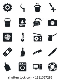 Set of vector isolated black icon - camera vector, gear, bucket, hose, sickle, ripper, patch, radio, themes, fingerprint id, cutting board, knife, turkish coffee, water heater, pc, washer