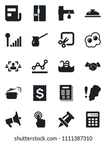 Set of vector isolated black icon - handshake vector, drawing pin, drip irrigation, receipt, loudspeaker, touch screen, cut, cellular signal, news, hr, point graph, contract, pool, fridge, reception