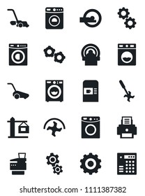 Set of vector isolated black icon - coffee machine vector, washer, gear, ripper, lawn mower, tomography, printer, copier, crane, combination lock