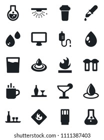 Set of vector isolated black icon - hot cup vector, water drop, dropper, flammable, monitor, alcohol, drink, cocktail, filter, sprinkler, flask