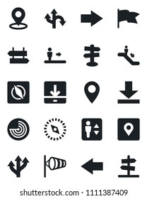 Set of vector isolated black icon - elevator vector, escalator, signpost, right arrow, left, wind, radar, route, pin, download, place tag, compass, flag, guidepost