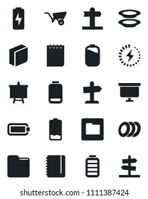 Set of vector isolated black icon - notepad vector, presentation board, wheelbarrow, signpost, battery, low, folder, charge, blank box, plates, guidepost