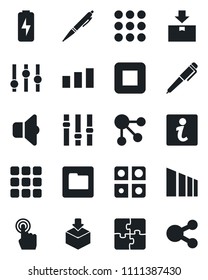 Set of vector isolated black icon - package vector, sorting, settings, touch screen, stop button, menu, folder, charge, application, pen, sound, information, social media