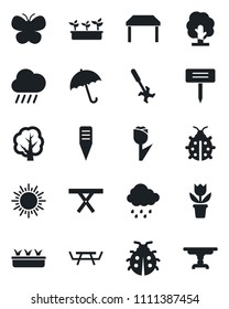 Set of vector isolated black icon - umbrella vector, sun, flower in pot, tree, butterfly, lady bug, seedling, rain, plant label, picnic table, ripper, tulip