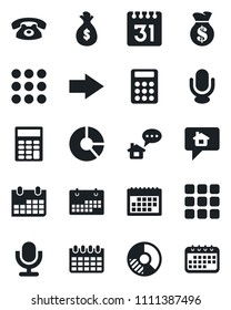 Set of vector isolated black icon - right arrow vector, calendar, circle chart, microphone, menu, calculator, phone, home message, money bag