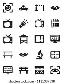 Set of vector isolated black icon - barrier vector, tv, alarm car, seat map, bench, monitor pulse, microscope, eye, torch, plan, alcove, scan