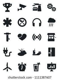 Set of vector isolated black icon - spoon and fork vector, storm cloud, tie, factory, well, pond, ambulance star, sea shipping, headphones, heart, alarm, windmill, fridge, phyto bar, power plug