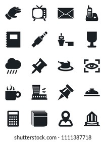 Set of vector isolated black icon - airport building vector, mail, glove, rain, navigation, sea port, fragile, tv, radio phone, jack connector, copybook, drawing pin, blank box, reception, coffee