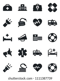 Set of vector isolated black icon - hose vector, heart pulse, doctor case, patch, ambulance star, car, hospital bed, loudspeaker, torch, crisis management