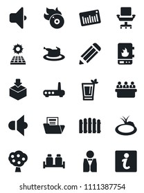 Set of vector isolated black icon - meeting vector, pencil, fence, pond, package, barcode, flame disk, speaker, document folder, office chair, sun panel, fruit tree, waiter, phyto bar, chicken