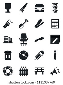 Set of vector isolated black icon - shovel vector, saw, bench, traffic light, fragile, notes, torch, pie graph, calculator, tie, pencil, stapler, office building, heater, hamburger, knife, trash bin