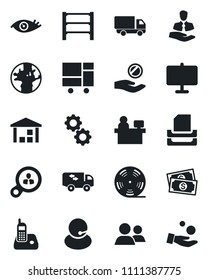 Set of vector isolated black icon - manager place vector, eye, earth, cash, support, client, car delivery, consolidated cargo, warehouse, rack, reel, radio phone, group, presentation board, moving