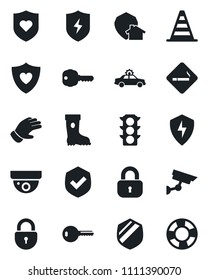 Set of vector isolated black icon - smoking place vector, alarm car, border cone, lock, glove, boot, heart shield, traffic light, protect, key, home, surveillance, crisis management