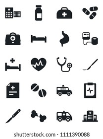 Set of vector isolated black icon - bed vector, heart pulse, doctor case, diagnosis, stethoscope, blood pressure, pills, ampoule, scalpel, ambulance car, hospital, stomach, broken bone, clipboard