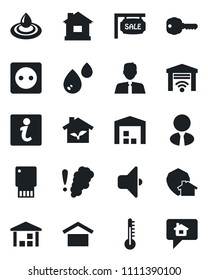 Set of vector isolated black icon - house vector, warehouse storage, sale, estate agent, key, eco, socket, water, smoke detector, thermometer, sound, garage gate control, home protect, information
