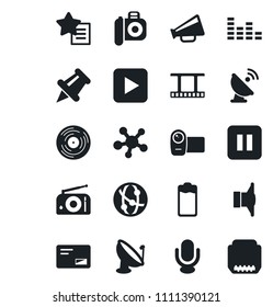 Set of vector isolated black icon - satellite antenna vector, film frame, vinyl, camera, radio, speaker, loudspeaker, equalizer, video, microphone, network, share, favorites list, paper pin, battery