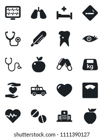 Set of vector isolated black icon - smoking place vector, heart pulse, monitor, stethoscope, thermometer, scales, pills, ambulance car, hospital bed, hand, lungs, caries, eye, heavy, apple fruit