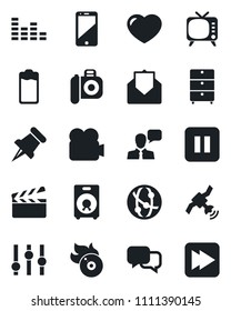 Set of vector isolated black icon - clapboard vector, archive chest, flame disk, camera, satellite, tv, settings, equalizer, video, network, cell phone, dialog, speaker, heart, paper pin, battery