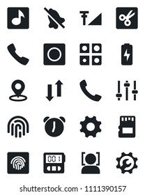 Set of vector isolated black icon - call vector, settings, tuning, alarm, stopwatch, record, sd, data exchange, mute, cut, place tag, face id, fingerprint, music, cellular signal, charge, root setup