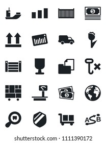 Set of vector isolated black icon - earth vector, cash, sea shipping, cargo container, car delivery, consolidated, folder document, fragile, up side sign, no hook, tulip, sorting, shield, search