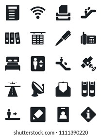 Set of vector isolated black icon - runway vector, elevator, escalator, flight table, book, pen, document, office phone, satellite antenna, mail, notes, wireless, identity card, paper binder, tray
