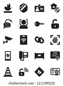 Set of vector isolated black icon - fence vector, border cone, identity card, hose, shield, flammable, chain, face id, key, lock, estate insurance, fingerprint, wireless, intercome, home control app