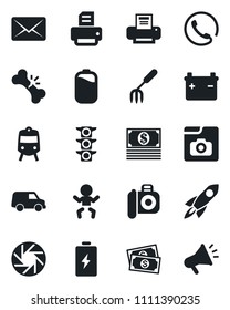 Set of vector isolated black icon - train vector, baby, printer, garden fork, broken bone, cash, traffic light, camera, mobile, photo gallery, battery, phone, rocket, car, mail, advertising