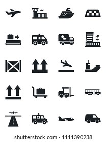 Set of vector isolated black icon - runway vector, taxi, arrival, baggage conveyor, trolley, airport bus, fork loader, plane, building, ambulance car, sea shipping, container, up side sign, moving