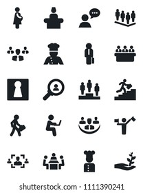 Set of vector isolated black icon - dispatcher vector, female, reception, pedestal, team, meeting, pregnancy, speaker, company, hr, manager, career ladder, cook, consumer search, group, palm sproute