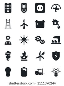 Set of vector isolated black icon - fork loader vector, bulb, factory, ripper, ladder, fire, remote control, protect, battery, sun panel, home, socket, energy saving, windmill, alarm led, gear, idea