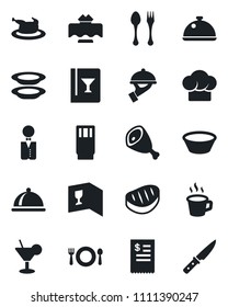 Set of vector isolated black icon - spoon and fork vector, coffee, waiter, dish, restaurant table, cafe, cook hat, wine card, drink, cocktail, plates, receipt, chicken, steak, ham, bowl, knife